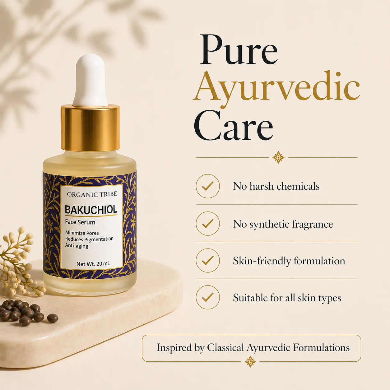 Bakuchiol Face Serum, Pure Ayurvedic Organic Tribe