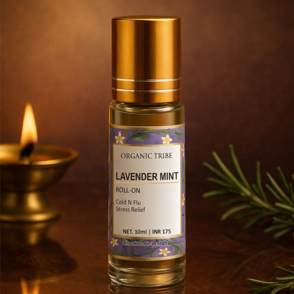 Organic Tribe Lavender Mint Roll On with lavender and mint for blocked nose, sneezing relief, and flu discomfort