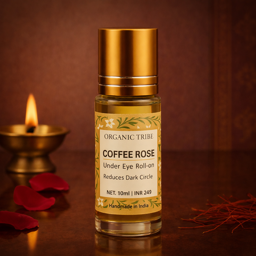 Organic Tribe Coffee Rose Under Eye Roll On made with coffee and rose for dark circles, puffiness, and hydration