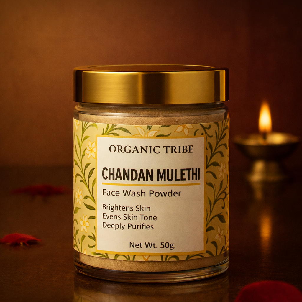 Organic Tribe Chandan Mulethi Face Wash Powder made with sandalwood and mulethi for gentle cleansing and skin brightening
