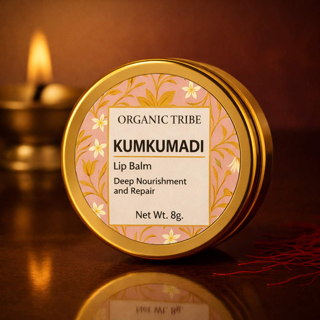 Organic Tribe Kumkumadi Lip Balm made with Ayurvedic kumkumadi oil for naturally soft, pink, and nourished lips