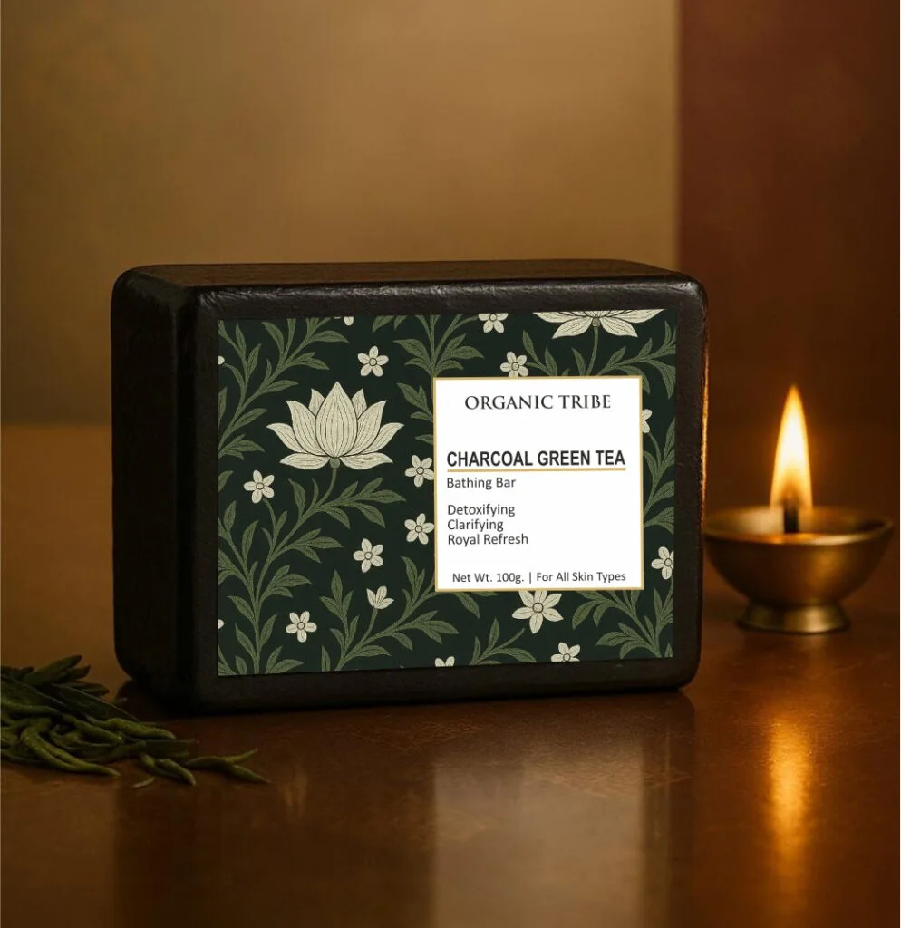 Organic Tribe Charcoal Green Tea Soap made with activated charcoal and green tea for deep cleansing and clear skin