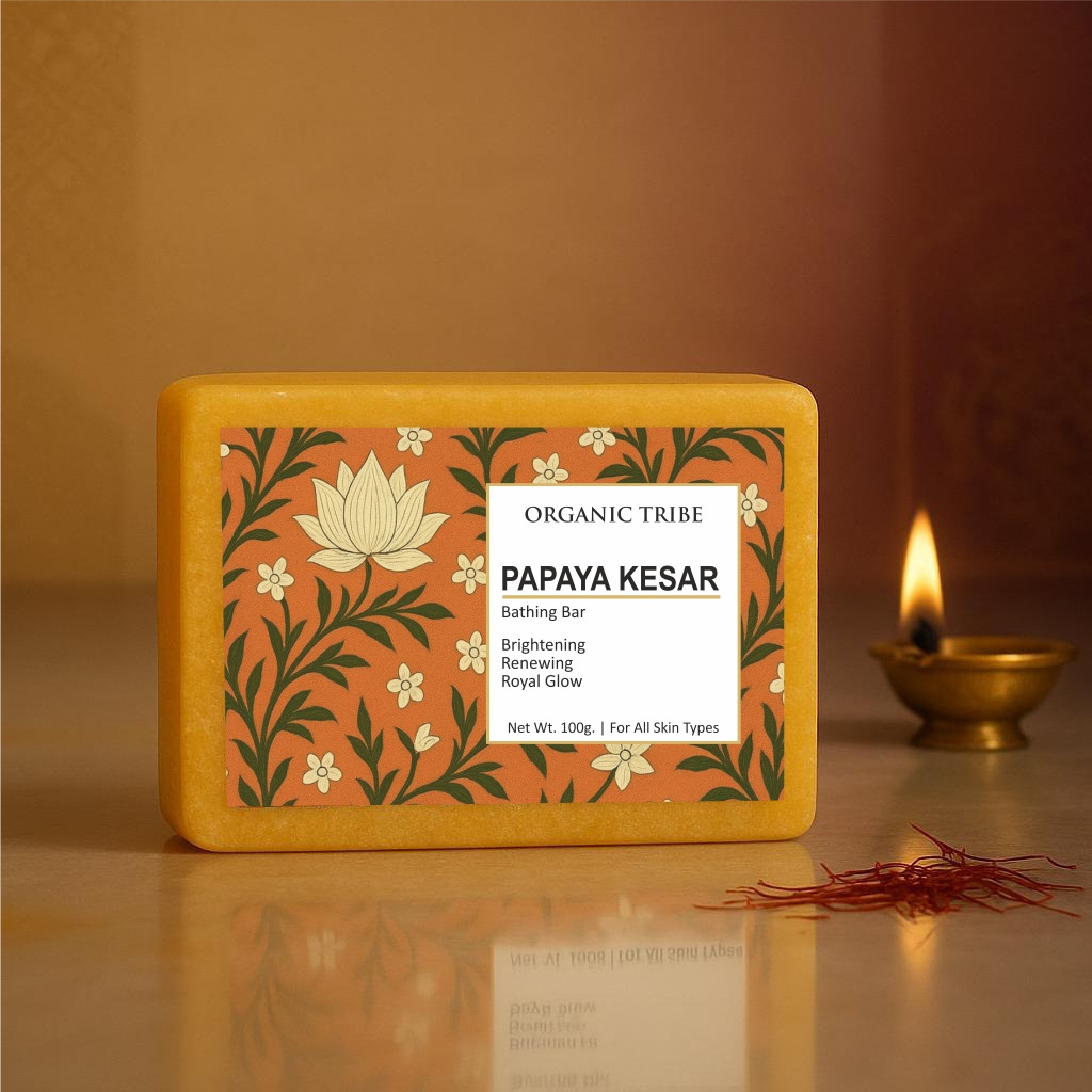 Organic Tribe Papaya Kesar Soap made with natural papaya and saffron for gentle exfoliation and glowing skin