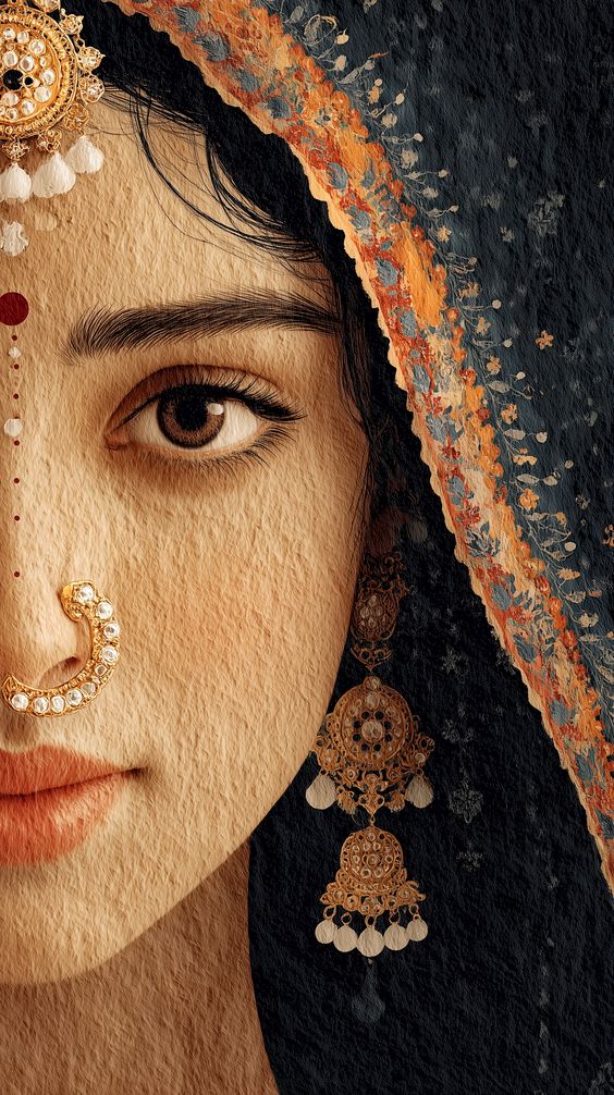 A detailed vector + watercolor style portrait of Radha ji on handmade paper texture, close-up focus. Her beautiful face is shown with a traditional head cover, glowing skin, deep expressive eyes lined with kajal, delicate white dot makeup on the forehead, small red bindi, and a nose pin in the middle of her nose. Traditional Indian jewelry with fine ornaments and earrings enhance her grace. Her lips are soft pink, subtle and natural. The facial features have a soft Korean-style delicacy with smooth contours. Background is dark with depth of field blur, captured with a cinematic 50mm portrait lens effect. Elegant, devotional, and artistic rendering blending hand-painted watercolor textures with clean vector outlines. Style Tags: vector illustration, watercolor, handmade paper texture, Radha ji, devotional portrait, soft lighting, DOF blur, 50mm lens look, traditional Indian jewelry, bindi, kajal eyes, nose pin, pink lips, elegant --ar 9:16 --raw --stylize 200 --v 7 Job ID: 25c8fe8f-56a7-4e48-95bc-e971cdda5693