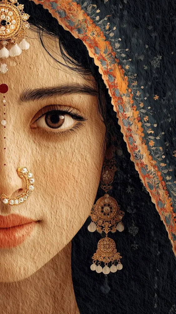 A detailed vector + watercolor style portrait of Radha ji on handmade paper texture, close-up focus. Her beautiful face is shown with a traditional head cover, glowing skin, deep expressive eyes lined with kajal, delicate white dot makeup on the forehead, small red bindi, and a nose pin in the middle of her nose. Traditional Indian jewelry with fine ornaments and earrings enhance her grace. Her lips are soft pink, subtle and natural. The facial features have a soft Korean-style delicacy with smooth contours. Background is dark with depth of field blur, captured with a cinematic 50mm portrait lens effect. Elegant, devotional, and artistic rendering blending hand-painted watercolor textures with clean vector outlines. Style Tags: vector illustration, watercolor, handmade paper texture, Radha ji, devotional portrait, soft lighting, DOF blur, 50mm lens look, traditional Indian jewelry, bindi, kajal eyes, nose pin, pink lips, elegant --ar 9:16 --raw --stylize 200 --v 7 Job ID: 25c8fe8f-56a7-4e48-95bc-e971cdda5693