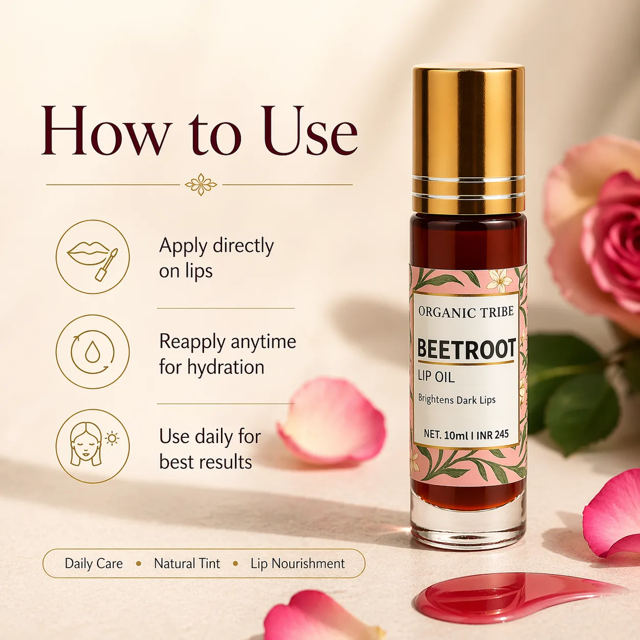 Beetroot Lip Oil how to use - organic Tribe